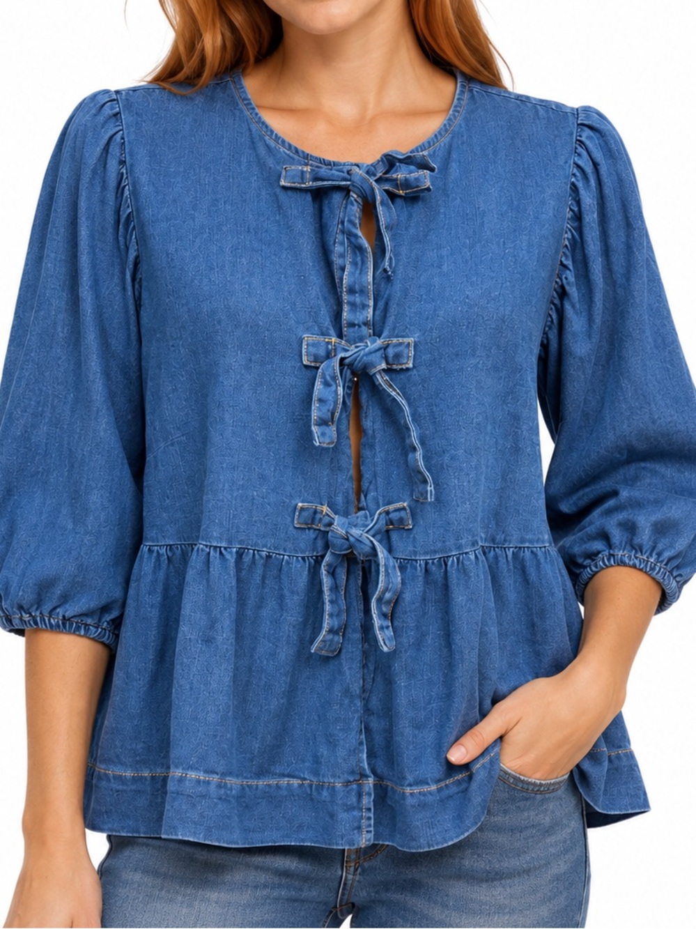 Velvet Heart Blue Denim Cotton Tie-Front Peasant western Tunic